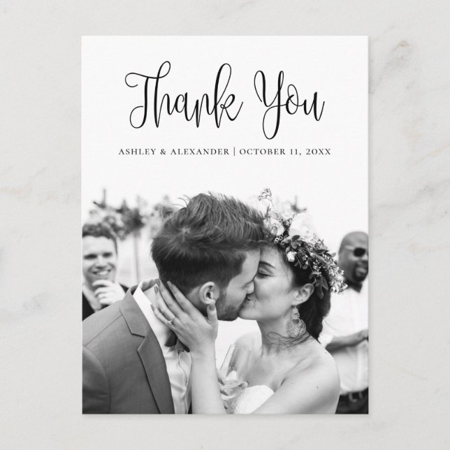 Postal Boda de guiones modernos en blanco y negro gracias (Anverso)