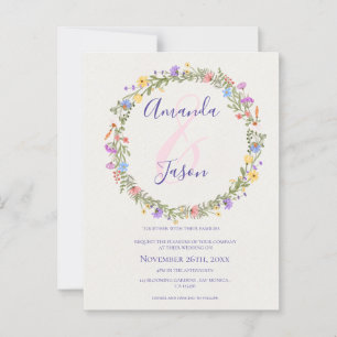 Postal Boda de guirnaldas amarillo morado