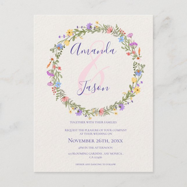 Postal Boda de guirnaldas amarillo morado (Anverso)