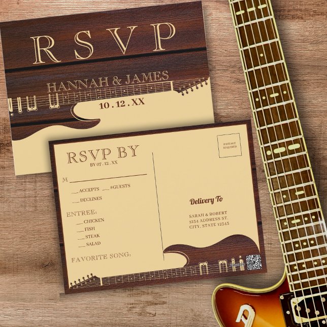 Postal Boda de guitarra de madera marrón y roja RSVP (Brown & Red Wood Guitar Wedding RSVP Postcard)