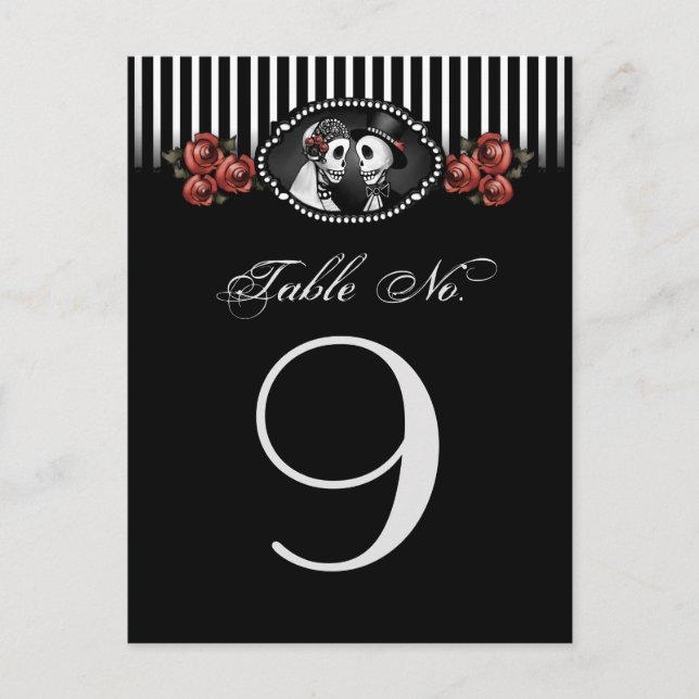 Postal Boda de Halloween blanco negro esqueletos Floral r (Anverso)