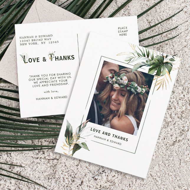 Postal Boda de hojas tropicales. Gracias. (Front & Back)