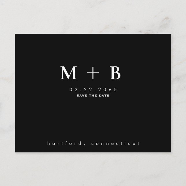 Postal Boda de iniciales simples negras QR Save the Date (Anverso)