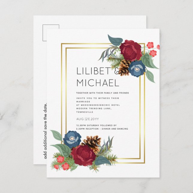 Postal Boda de invierno Borgoña Azul Verde azulado Modern (Anverso / Reverso)