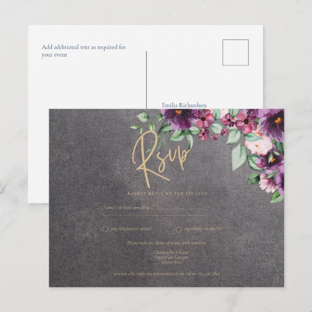 Postal Boda de invierno con flores de Berry gris plateado (Anverso / Reverso)