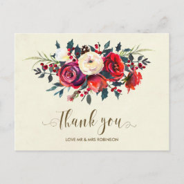 Postal boda de invierno gracias rosas bayas