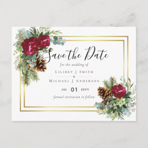 Postal Boda de invierno Rosas de Borgoña Eucalyptus