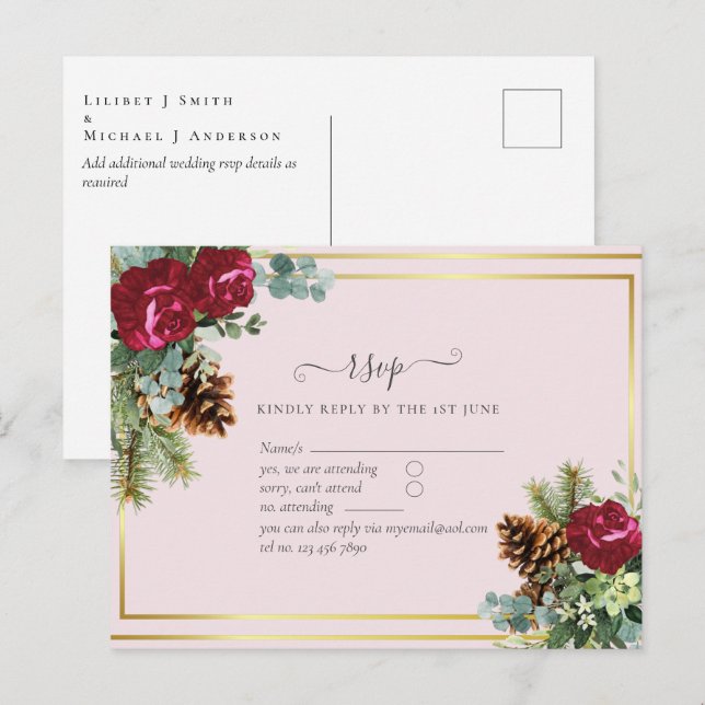 Postal Boda de invierno Rosas de Borgoña Eucalyptus (Anverso / Reverso)