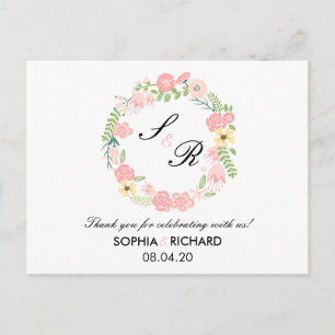 Postal Boda de la guirnalda floral monograma Gracias post