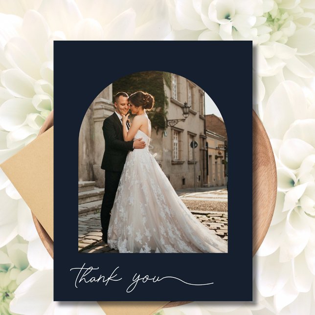 Postal Boda de la Marina de Fotos de Arco Moderno Gracias (Modern Arch Photo Navy Wedding Thank You Postcard)