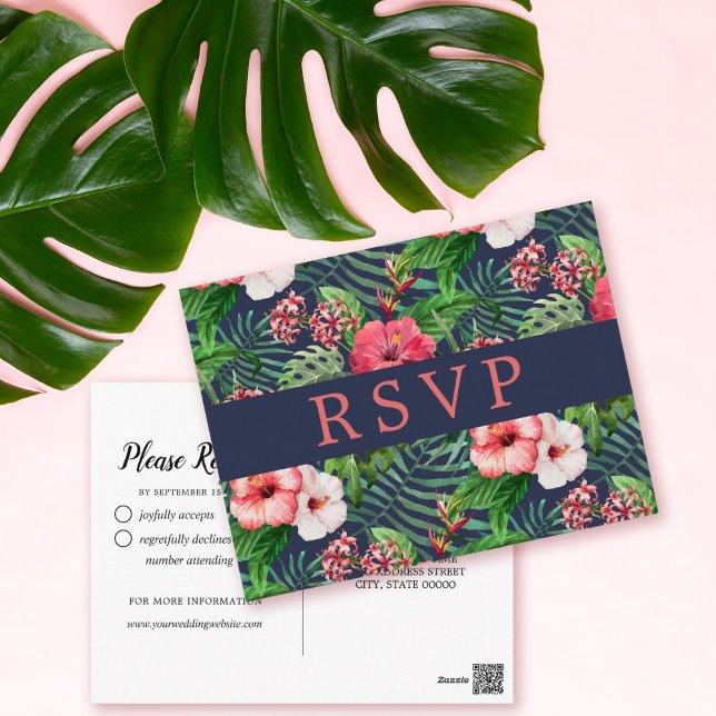 Postal Boda de la Marina Tropical Floral Hibiscus RSVP (Subido por el creador)