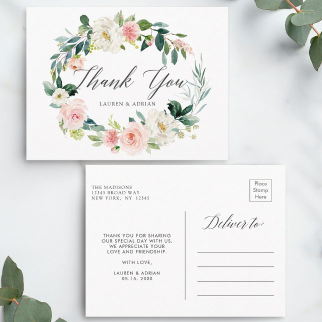 Postal Boda de la Wreath de Rubor de primavera Gracias Po (Front & Back)