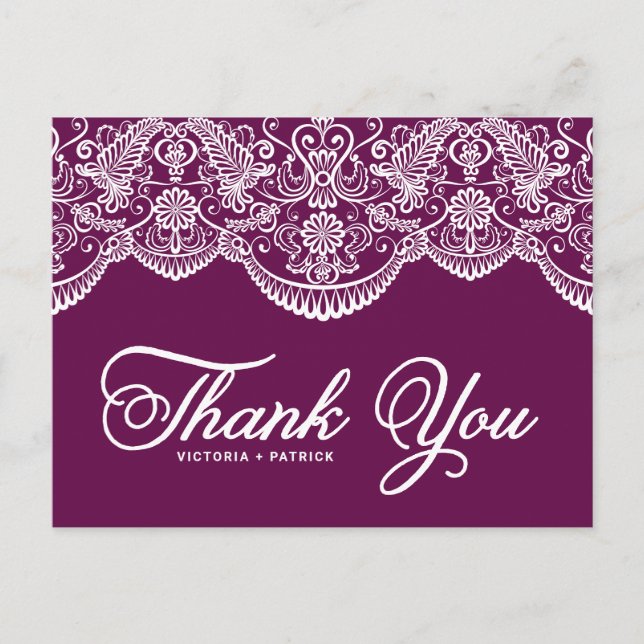 Postal Boda De Lace Purple Brocade Gracias Postcard (Anverso)
