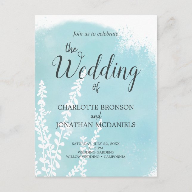 Postal Boda de lavado de acuarela azul acuático (Anverso)