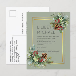 Postal Boda de los piones de invierno de Berries Rojas