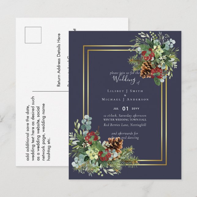 Postal Boda de los piones de invierno de Berries Rojas (Anverso / Reverso)