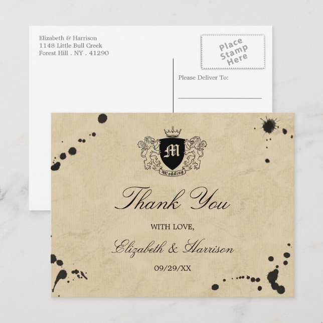 Postal Boda de manchas de monograma y tinta de cosecha (Anverso / Reverso)