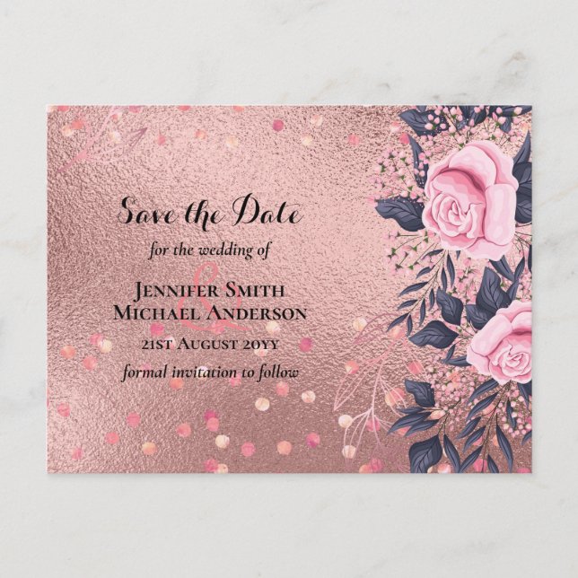 Postal Boda de moda ROSEGOLD Purpurina de la marina rosad (Anverso)