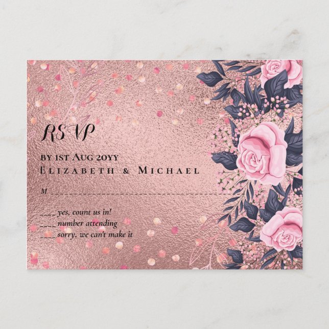 Postal Boda de moda ROSEGOLD Purpurina de la marina rosad (Anverso)