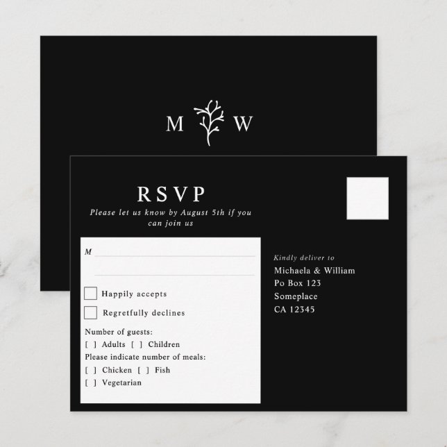 Postal Boda de monograma botánico moderno RSVP (Anverso / Reverso)