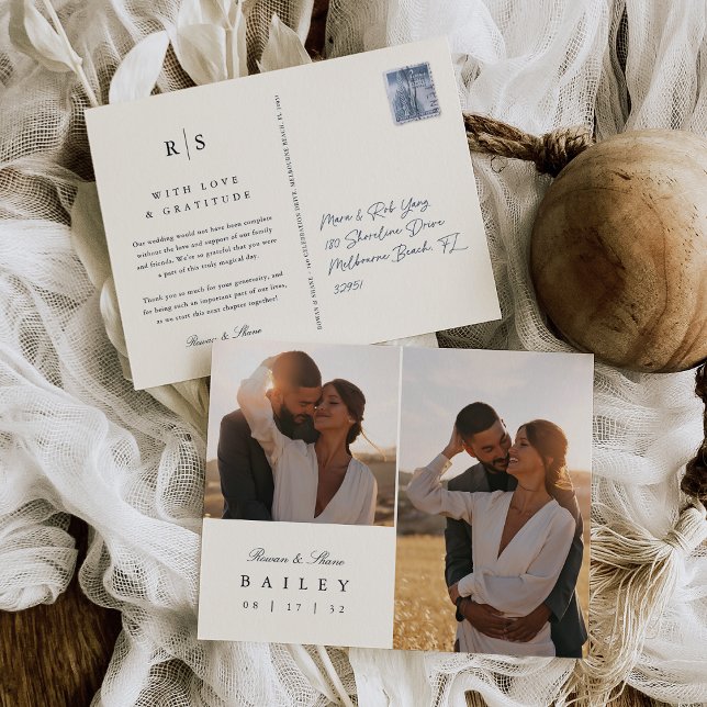 Postal Boda de Monograma Clásico Negro y Ecru Gracias (Subido por el creador)