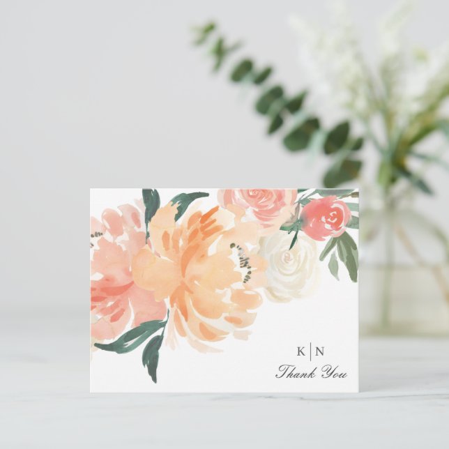 Postal Boda de Monograma Floral de Melocotón suave Gracia (Anverso de pie)