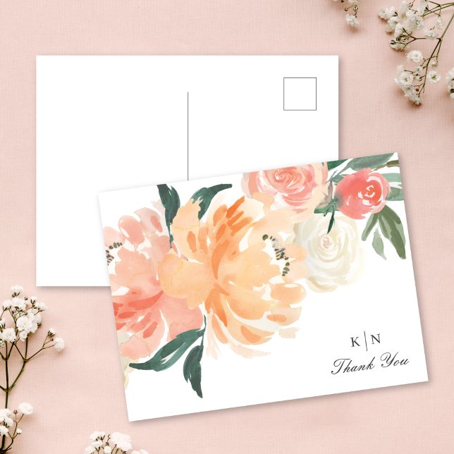Postal Boda de Monograma Floral de Melocotón suave Gracia (Subido por el creador)