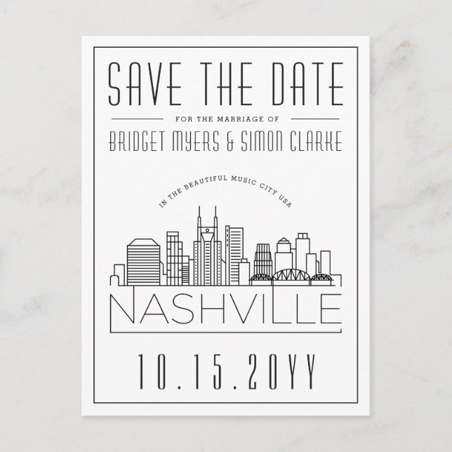 Postal Boda de Nashville | Estilizado Skyline Guardar la  (Anverso)