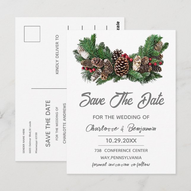 Postal Boda de Navidad de Invierno Guardar la Fecha  (Anverso / Reverso)
