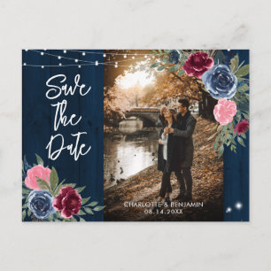 Postal Boda de Navy Burgundy Blush Foto Guardar la Fecha