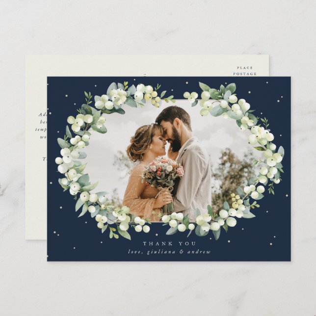 Postal Boda de Navy Snowberry+Eucalyptus Gracias Foto (Anverso / Reverso)
