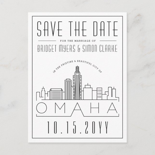 Postal Boda de Omaha | Estilizado Skyline Guardar la fech (Anverso)