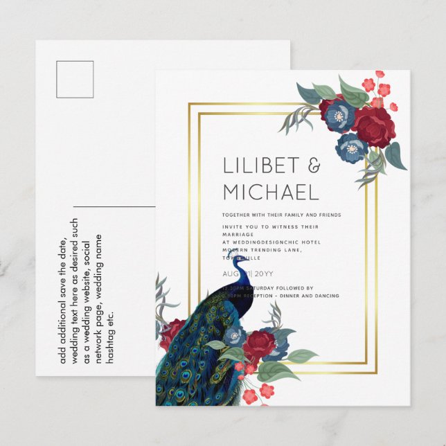 Postal Boda de otoño de invierno azul borgoña pavo real (Anverso / Reverso)