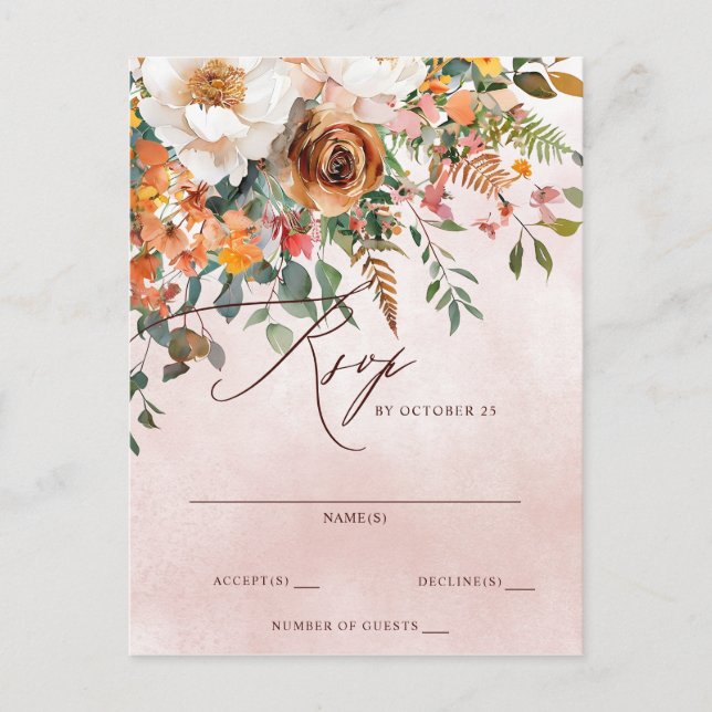 Postal Boda de otoño floral de Naranja ruso RSVP (Anverso)