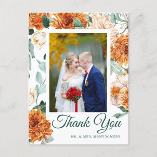 Postal Boda De Otoño Gracias Floral De Acuarela Verde