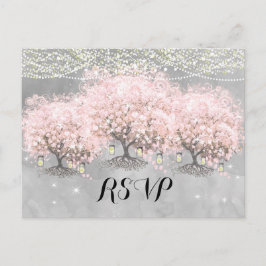 Postal Boda de pájaro vintage de árbol forestal rosa de h