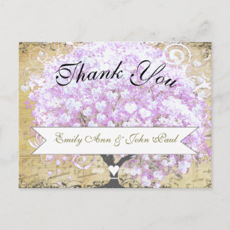 Postal Boda de pájaro vintage del árbol de lavanda de hoj