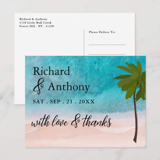 Postal Boda de Palma en la Playa Agradecimiento (Anverso / Reverso)
