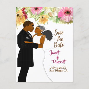 Postal Boda de Pareja Afroamericana con flores de oro lig