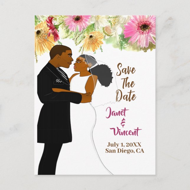 Postal Boda de Pareja Afroamericana con flores de oro lig (Anverso)