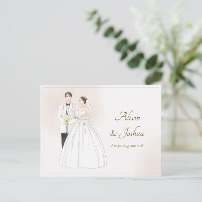 Postal Boda de pareja de estética blanca (Anverso de pie)