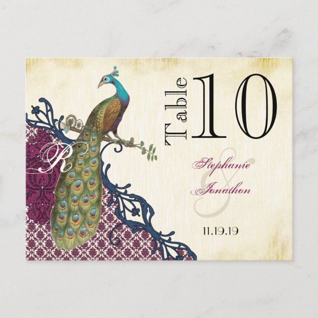 Postal Boda de pavo real Damask elegante de Navy y Berry  (Anverso)