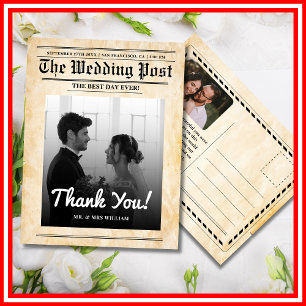 Postal Boda de periódico Agradecimiento único rústico ele