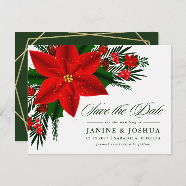 Postal Boda De Pino Pino De Poinsettia Rojo Salvar La Fec (Anverso / Reverso)