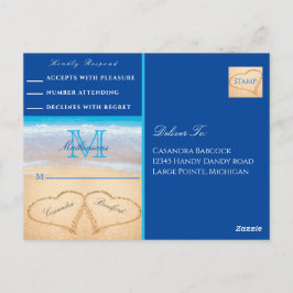 Postal Boda de playa 2 corazones RSVP azul oscuro de aren