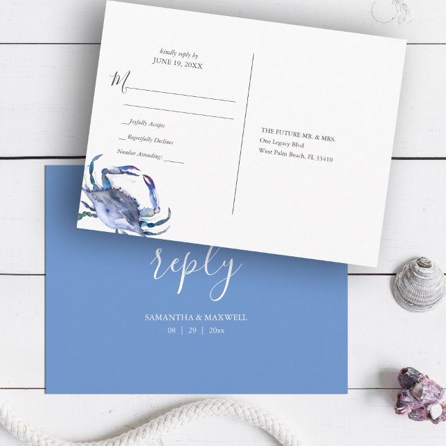 Postal Boda de playa RSVP Cangrejo azul acuarela (wedding RSVP Postcard Beach  Blue Crab Watercolor art by Victoria Grigaliunas Do Tell A Belle)