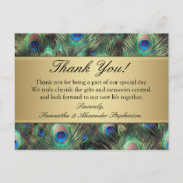 Postal Boda de plumas de pavo real dorado/Gracias