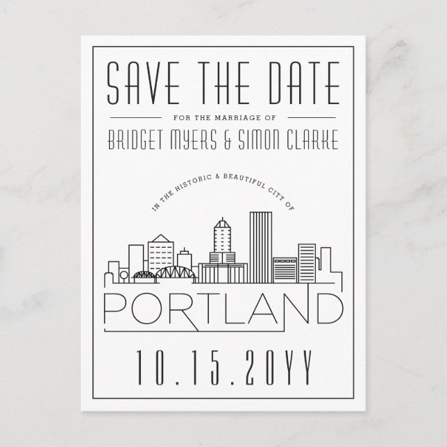 Postal Boda de Portland | Estilizado Skyline Guardar la f (Anverso)
