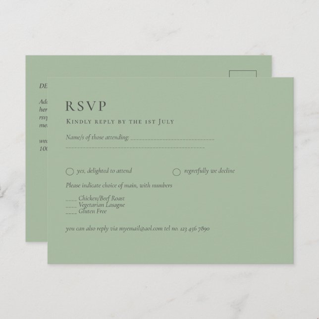 Postal BODA DE PRESUPUESTO Sage Green Monocrome Wedding R (Anverso / Reverso)