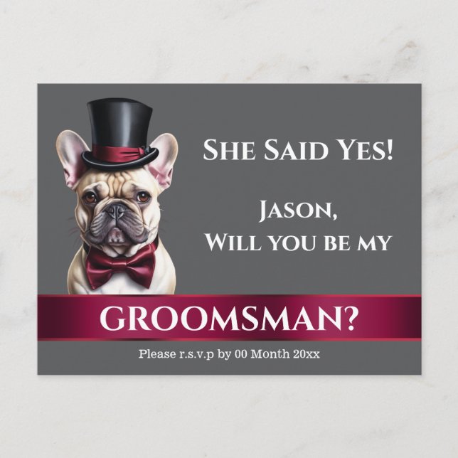 Postal Boda de propuesta de Groomsman french bulldog groo (Anverso)